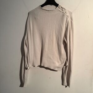 Sandro Paris Women's Ribbed Knit Sweater Cream Ecru Side Button Shoulder Size M